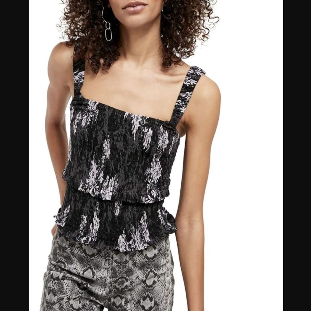 Free People Hannah Black Floral Print Smocked Cami Top L